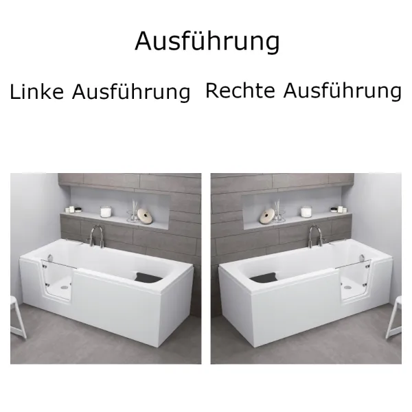 Linke und rechts Ausführung der Badewanne mit Tür 140x70, 150x75, 160x75, 170x75 und 180x80 cm PAVO