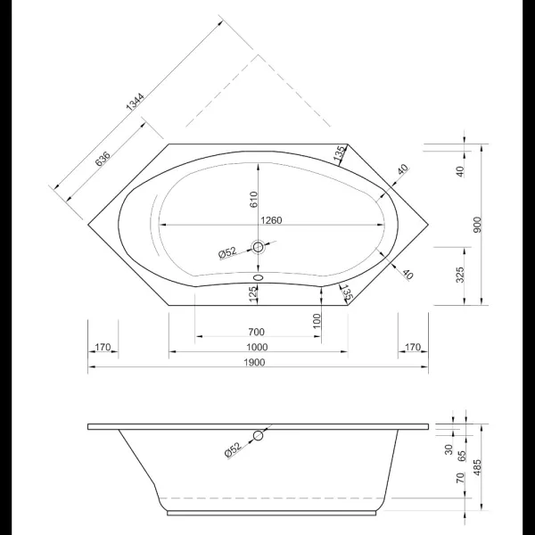 Skizze der 6-Eck-Badewanne 190x90 cm DENVER - extratief mit 48 cm