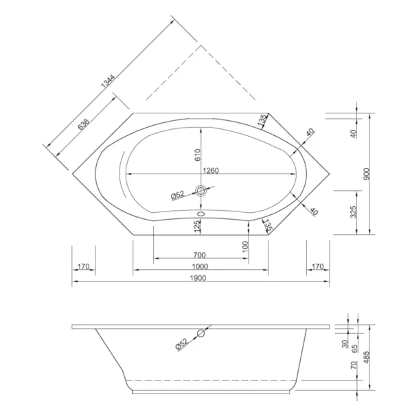 Skizze der 6-Eck-Badewanne 190x90 cm DENVER - extratief mit 48 cm