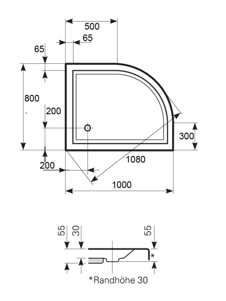Skizze des Duschbecken 100x80 cm, R 500, Viertelkreis, links, superflach