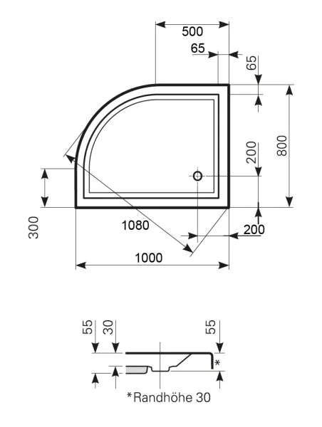 Skizze des Duschbecken 100x80 cm, R 500, Viertelkreis, rechts, superflach