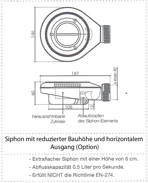 Extraflacher Ablauf für Mineralguss-Duschbecken