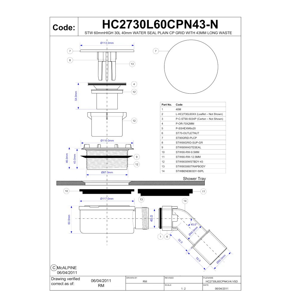 Skizze der Ablaufgarnitur HC 30-43 CPN - H 60 mm