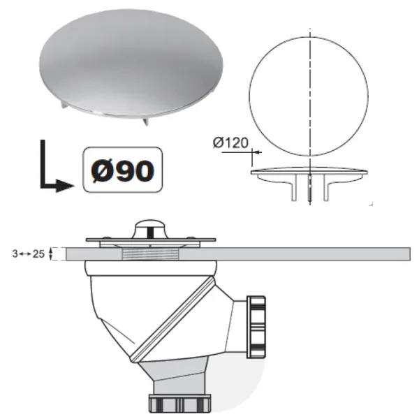 Schematischer Schnitt der Ablaufgarnitur JAMES mit Haarfänger, 58 Liter/Minute, Bauhöhe: 83 mm