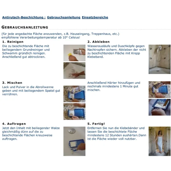 Gebrauchsanweisung für Antirutschbeschichtung für Mineralgussduschbecken, werkseitig