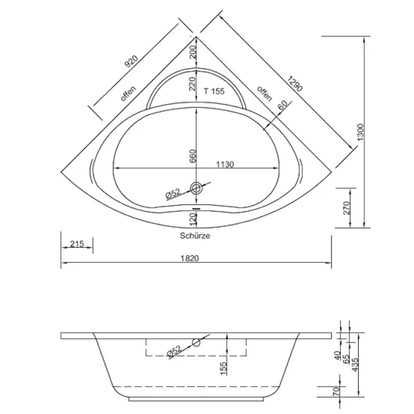 Badewanne 130x130 cm APOLLO Eckbadewanne