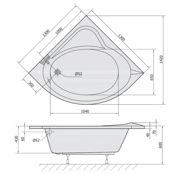 Skizze der Badewanne 1300x1300 mm  / 130x130 cm  HOSIRIUS - Acryl Eckbadewanne