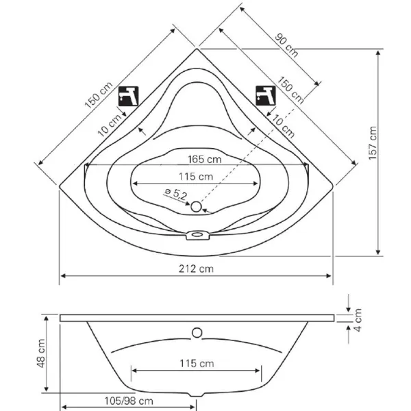 Skizze der Badewanne 150x150 cm HODUJA - extra tief 48 cm - Eckbadewanne