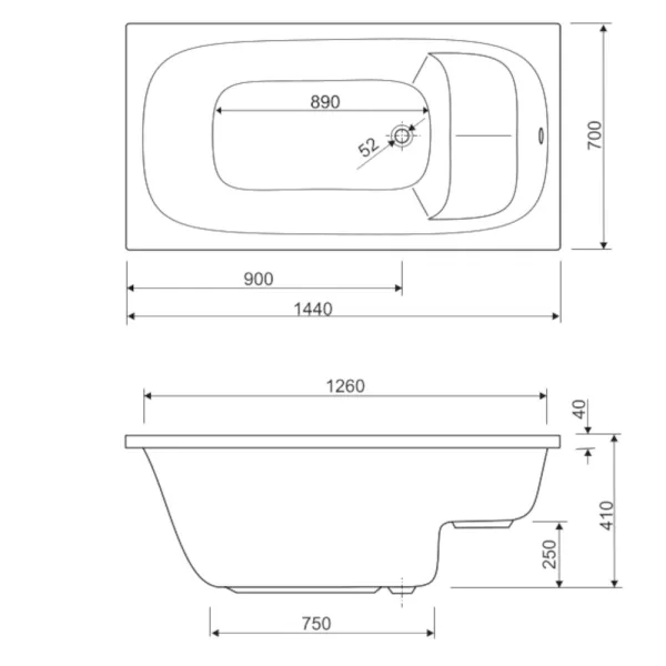 Skizze der Badewanne 140x70 cm DOBRA-140 mit Sitz - Rechteckbadewanne