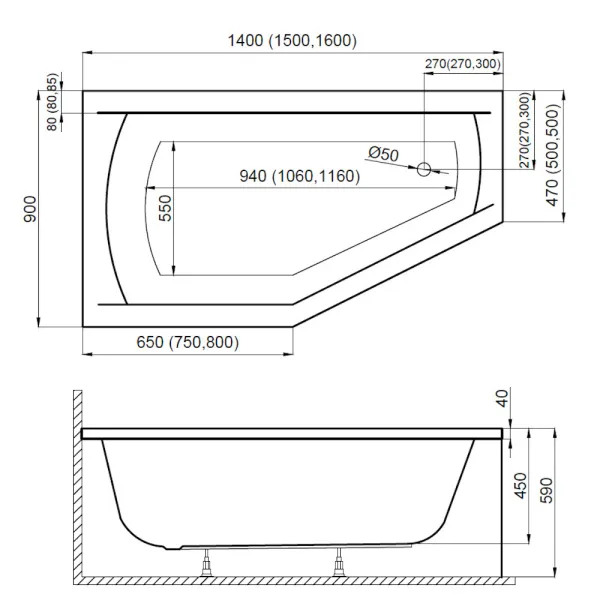 Skizze der Badewanne 140x90 cm, 150x90 cm und 160x90 cm SELENA