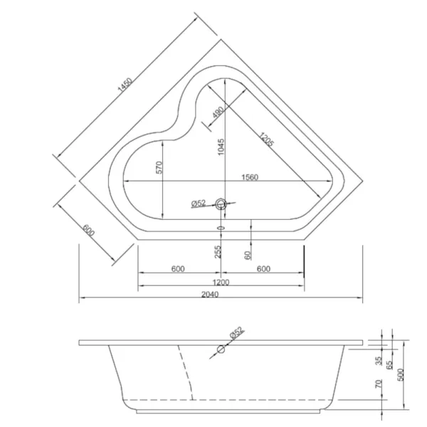 Skizze der Badewanne 145x145 cm CYPRUS - extra tief 50 cm - Eckbadewanne