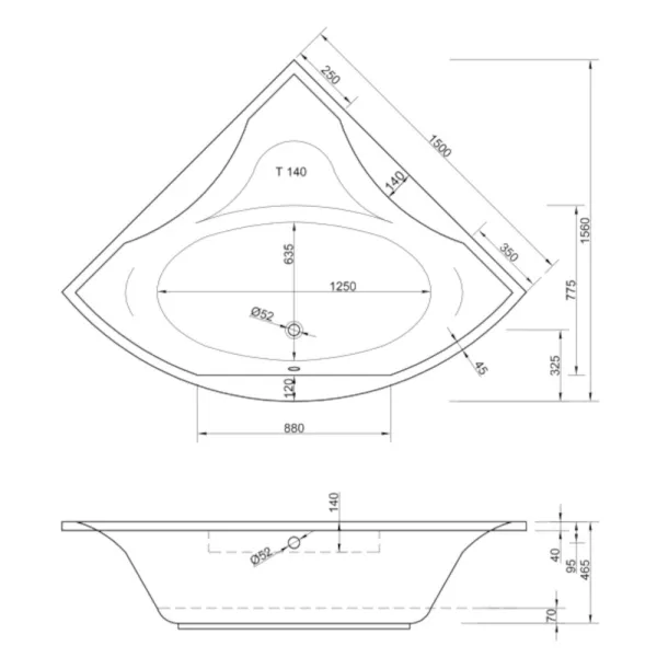 Skizze der Badewanne 150x150 cm GLAMOUR Eckbadewanne