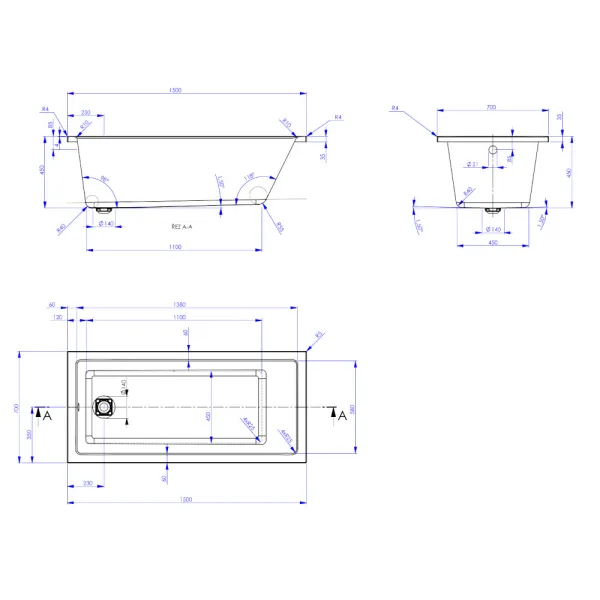 Skizze der Badewanne 150x70 cm CAVALLO MK