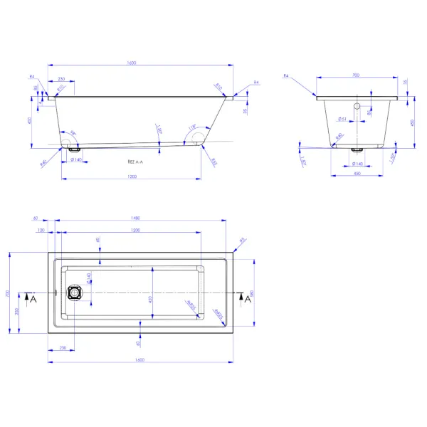 Skizze der Badewanne 160x70 cm CAVALLO MK