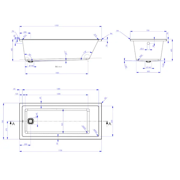 Skizze der Badewanne 170x75 cm CAVALLO MK