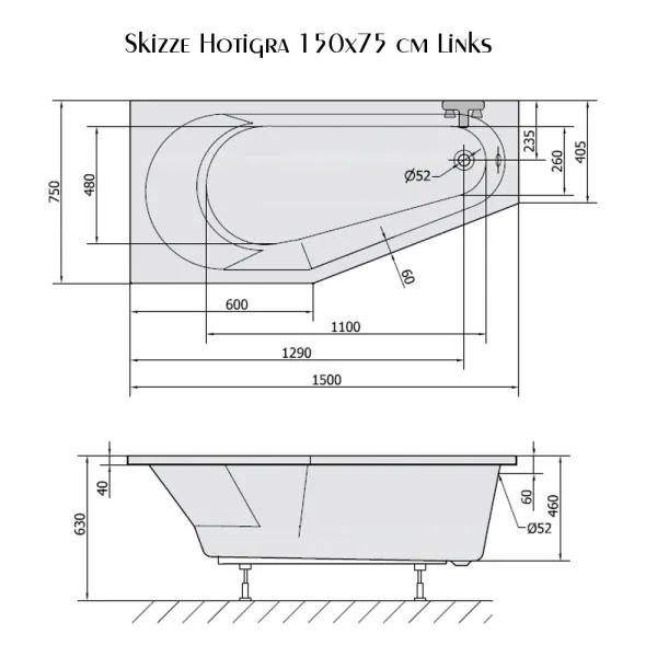 Skizze der Badewanne 150x75 cm HOTIGRA links Raumsparwanne