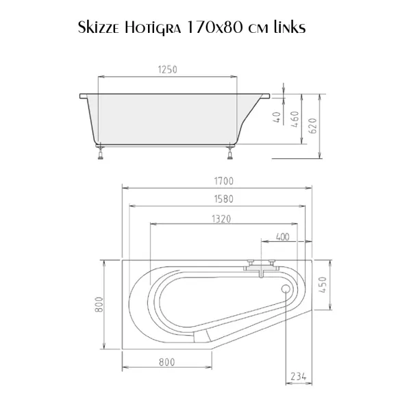 Skizze der Badewanne 170x80 cm HOTIGRA links Raumsparwanne