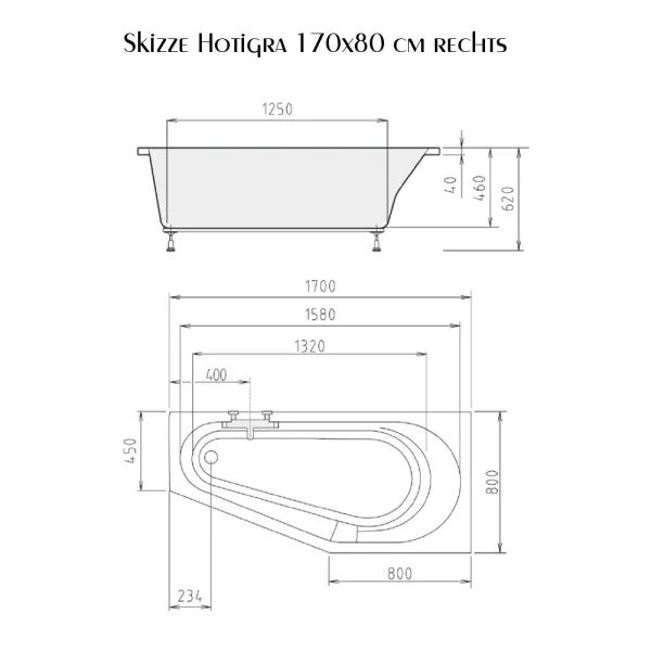 Skizze der Badewanne 170x80 cm HOTIGRA rechts Raumsparwanne