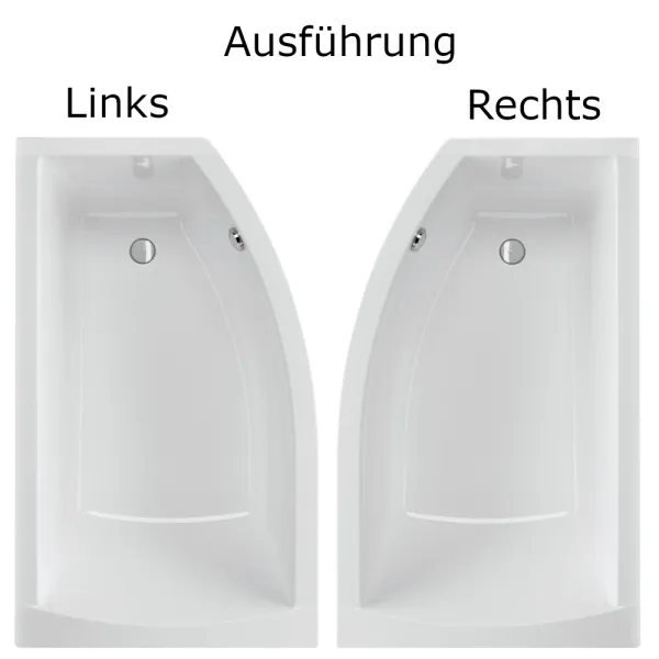 Linke und rechte Ausführung der Badewanne 150x85 und 160x95 cm FLO Raumsparwanne