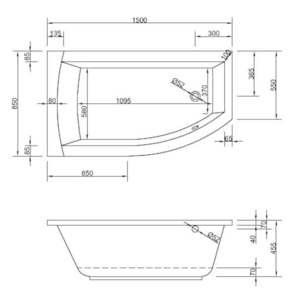 Skizze der Badewanne 150x85 cm FLO Links Raumsparwanne