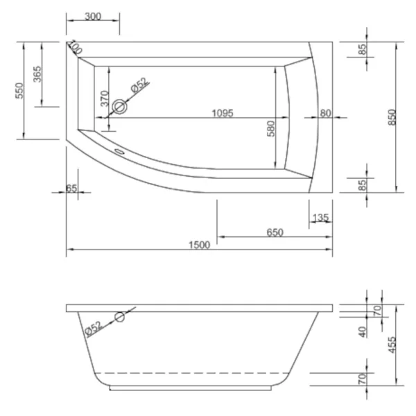 Skizze der Badewanne 150x85 cm FLO Rechts Raumsparwanne