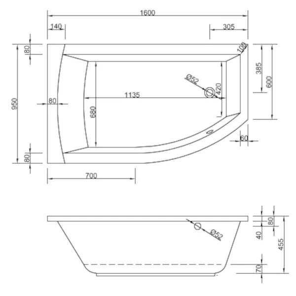 Skizze der Badewanne 160x95 cm FLO Links Raumsparwanne