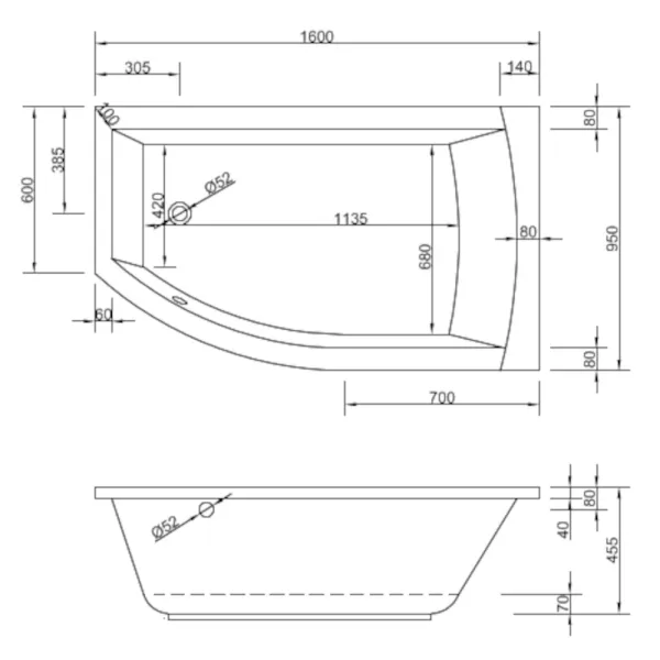 Skizze der Badewanne 160x95 cm FLO Rechts Raumsparwanne