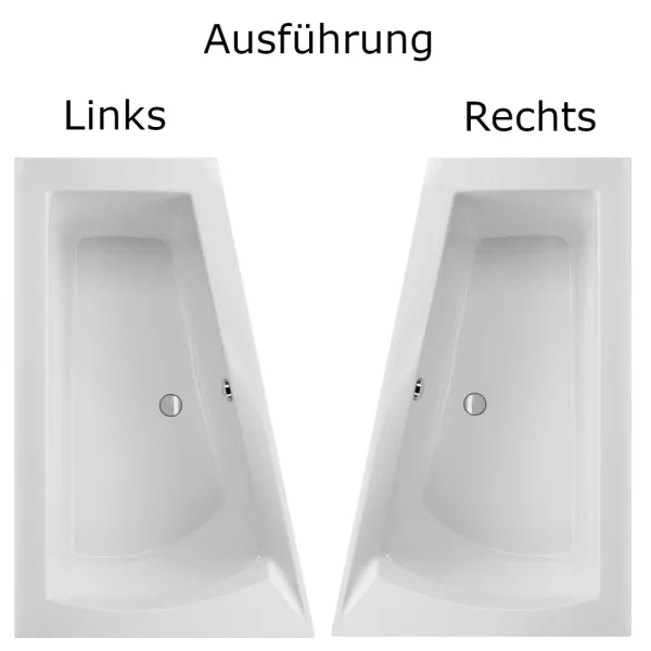 Linke und rechte Ausführung der Badewanne 160x100, 170x100 und 175x135 cm LARA - extra tief 50 cm