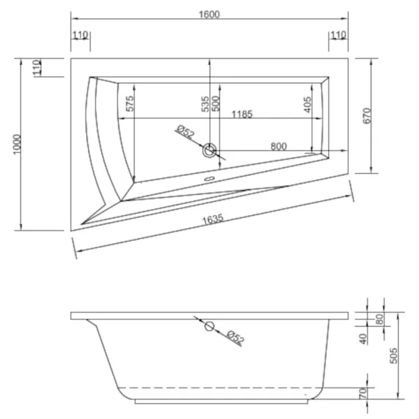 Skizze der Badewanne 160x100 cm LARA Links - extra tief 50 cm
