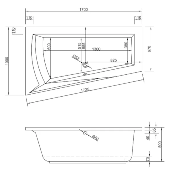 Skizze der Badewanne 170x100 cm LARA Links - extra tief 50 cm