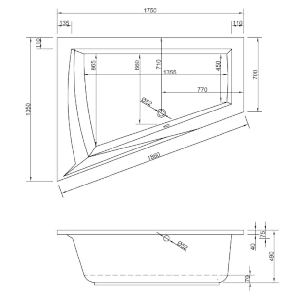 Skizze der Badewanne 175x135 cm LARA Links - extra tief 50 cm