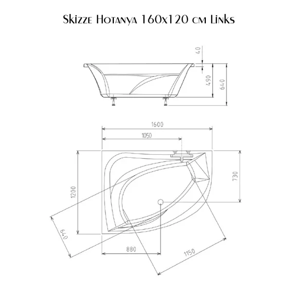 Skizze der Badewanne 160x120 cm HOTANYA links - Eckbadewanne aus Acryl