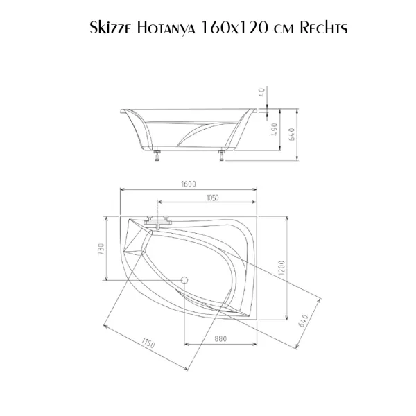 Skizze der Badewanne 160x120 cm HOTANYA rechts - Eckbadewanne aus Acryl