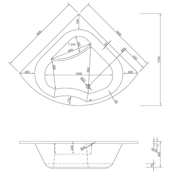 Skizze der Badewanne 160x160 cm LAMIA - extra tief 50 cm - Eckbadewanne