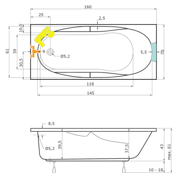 Skizze-der-Badewanne-1600x700-mm-160x70-cm-ASUAN-Acryl-Rechteckbadewanne