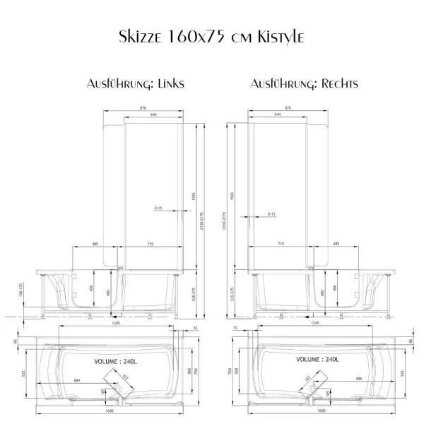 Skizze der Badewanne 160x75 cm KISTYLE mit Tür