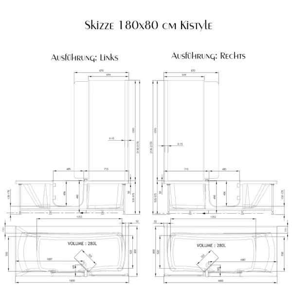 Skizze der Badewanne 180x80 cm KISTYLE mit Tür