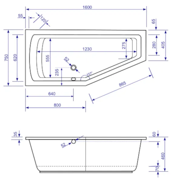 Skizze der Badewanne 160x75 cm LAGOON links - extra tief 46 cm