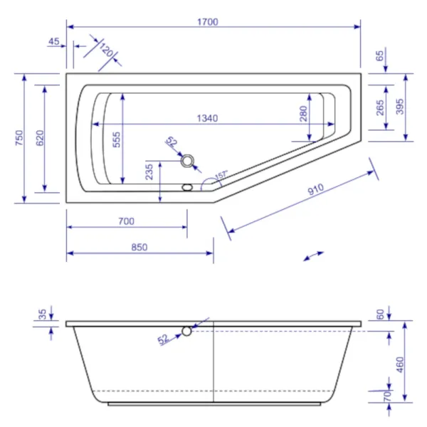 Skizze der Badewanne 170x75 cm LAGOON links - extra tief 46 cm