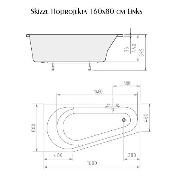 Skizze der Badewanne 160x80 cm HOPROJEKTA links - Acryl Raumsparwanne