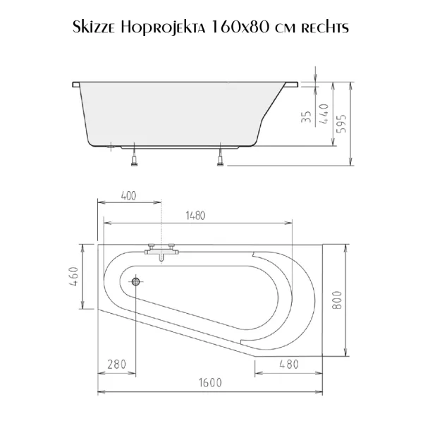 Skizze der Badewanne 160x80 cm HOPROJEKTA rechts - Acryl Raumsparwanne
