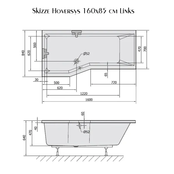Skizze der Badewanne 160x85 cm HOVERSYS Links Raumsparwanne