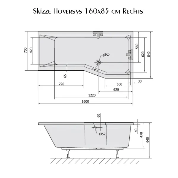 Skizze der Badewanne 160x85 cm HOVERSYS Rechts Raumsparwanne