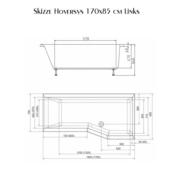 Skizze der Badewanne 170x85 cm HOVERSYS Links Raumsparwanne