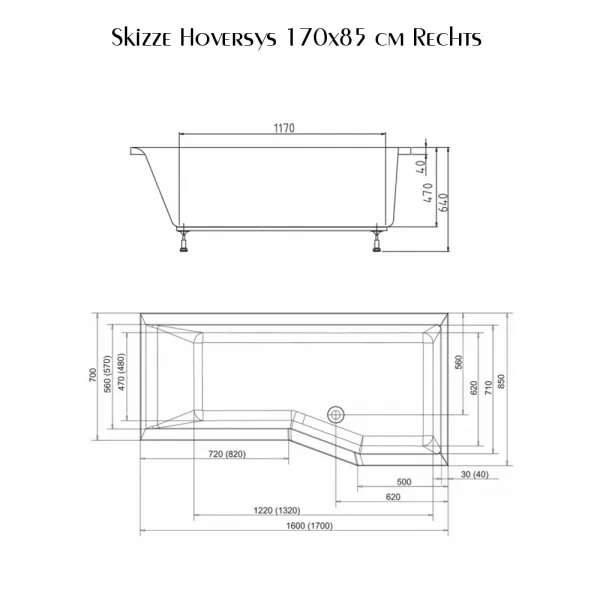 Skizze der Badewanne 170x85 cm HOVERSYS Rechts Raumsparwanne