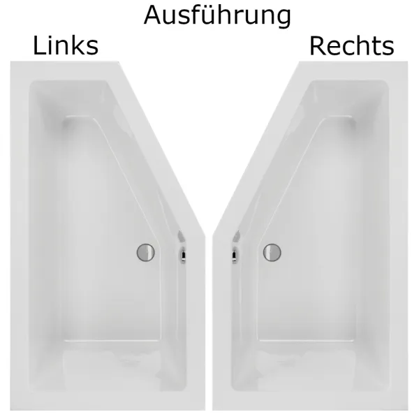 Linke und rechte Ausführung der Badewanne 160x90, 170x75 und 180x80 cm LUPOR Raumsparwanne