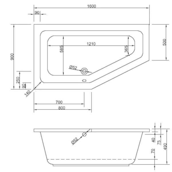 Skizze der Badewanne 160x90 cm LUPOR Links Raumsparwanne