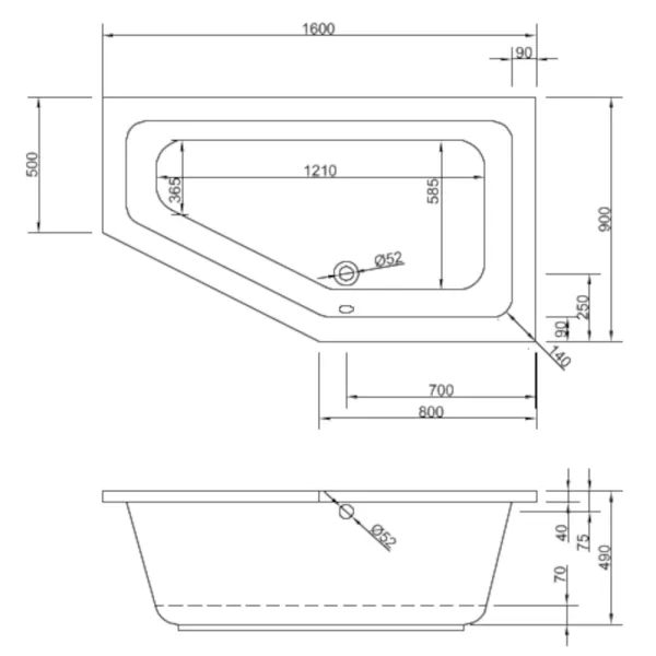 Skizze der Badewanne 160x90 cm LUPOR Rechts Raumsparwanne