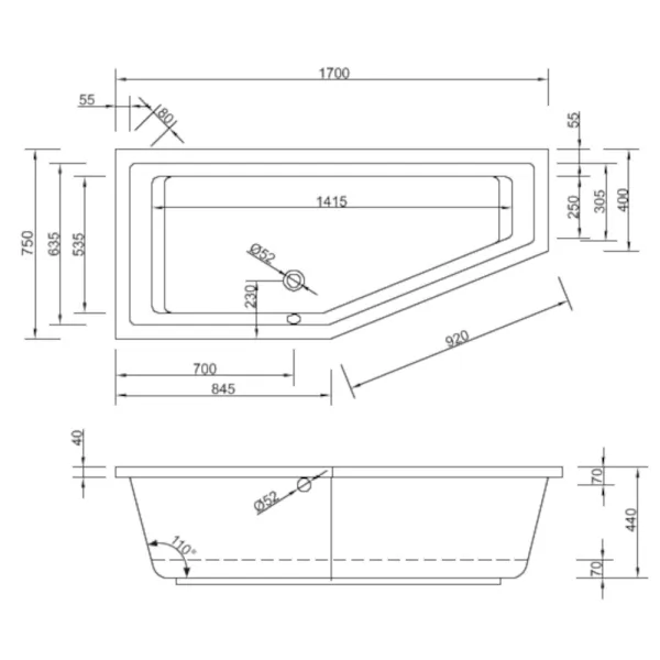 Skizze der Badewanne 170x75 cm LUPOR Links Raumsparwanne