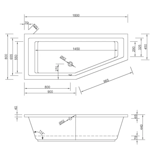 Skizze der Badewanne 180x80 cm LUPOR Links Raumsparwanne